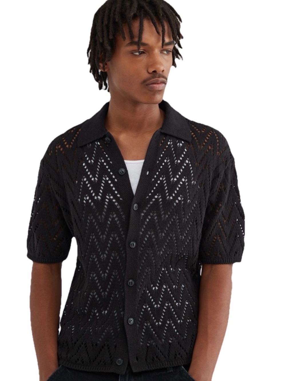 BDG Polo Shirt Button Down Short Sleeve Knit Patterned Small Sheer Black